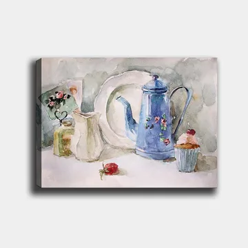 Canvastavla 70x100 cm - Stillsam stilleben med en blå kaffekanna, en jordgubbe och en cupcake - Blå / Vit / Röd - Inredning - Tavlor & posters - Canvastavla