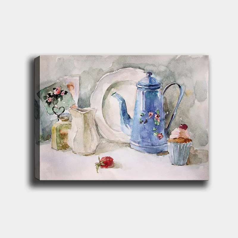 Canvastavla 70x100 cm - Stillsam stilleben med en blå kaffekanna, en jordgubbe och en cupcake, Blå / Vit / Röd
