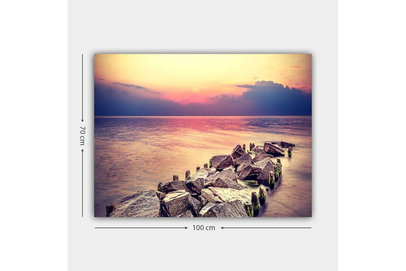 Canvastavla 70x100 cm - Stillsam vy av en klippig strandlinje vid solnedgången - Grå / Ljusblå / Rosa - Inredning - Tavlor & posters - Canvastavla