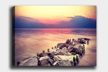 Canvastavla 70x100 cm - Stillsam vy av en klippig strandlinje vid solnedgången - Grå / Ljusblå / Rosa - Inredning - Tavlor & posters - Canvastavla