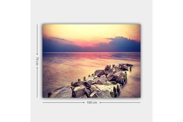 Canvastavla 70x100 cm - Stillsam vy av en klippig strandlinje vid solnedgången - Grå / Ljusblå / Rosa - Inredning - Tavlor & posters - Canvastavla