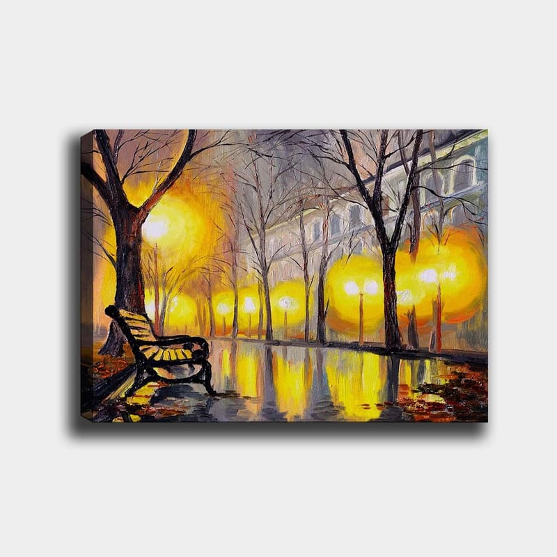Canvastavla 70x100 cm - Stillsam park med en bänk under ett gult ljus från gatlyktor - Gult / Brunt / Grått - Inredning - Tavlor & posters - Canvastavla