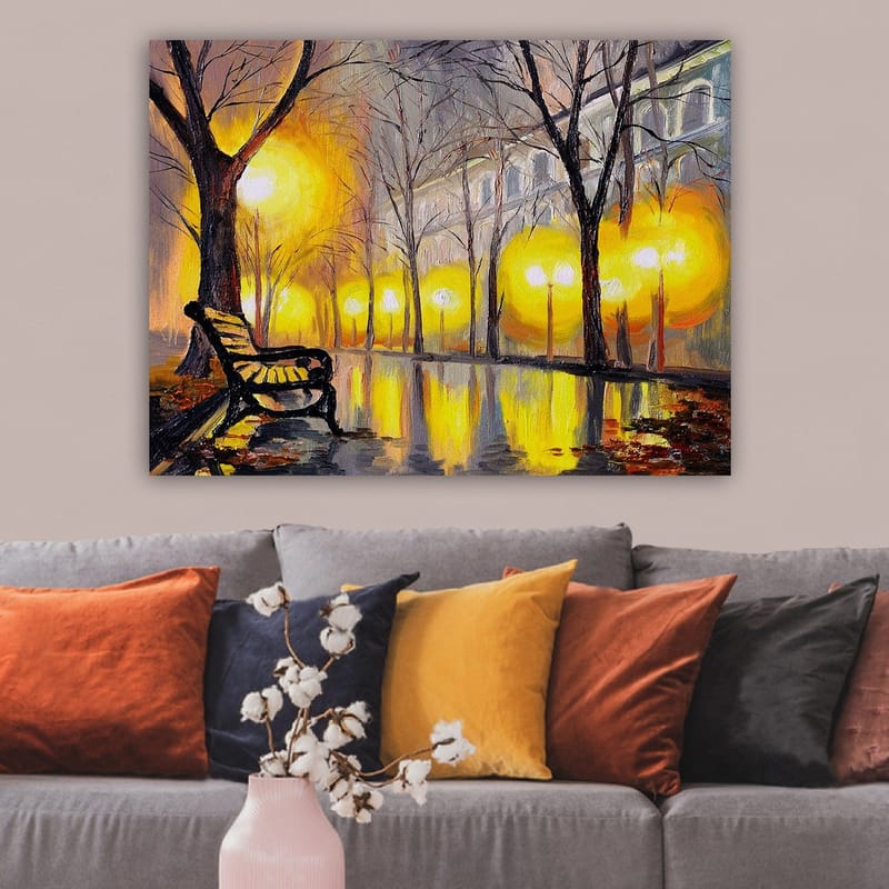 Canvastavla 70x100 cm - Stillsam park med en bänk under ett gult ljus från gatlyktor - Gult / Brunt / Grått - Inredning - Tavlor & posters - Canvastavla