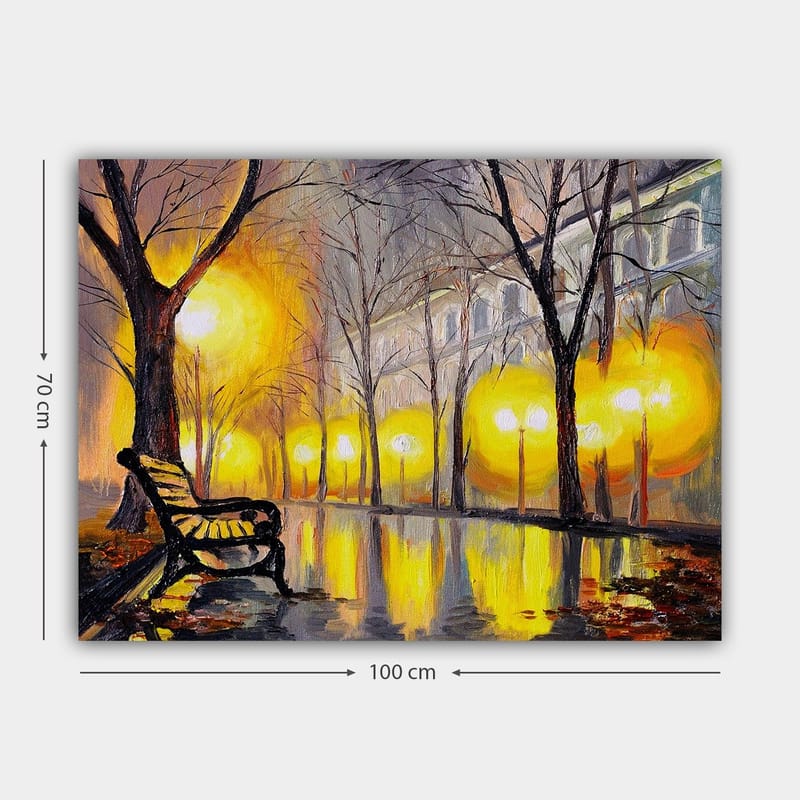 Canvastavla 70x100 cm - Stillsam park med en bänk under ett gult ljus från gatlyktor - Gult / Brunt / Grått - Inredning - Tavlor & posters - Canvastavla