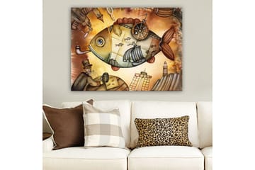 Canvastavla 70x100 cm - Stor, fantasifull fisk med segelbåtar och en fyr i en drömlik miljö - Brun / Grön / Beige - Inredning - Tavlor & posters - Canvastavla
