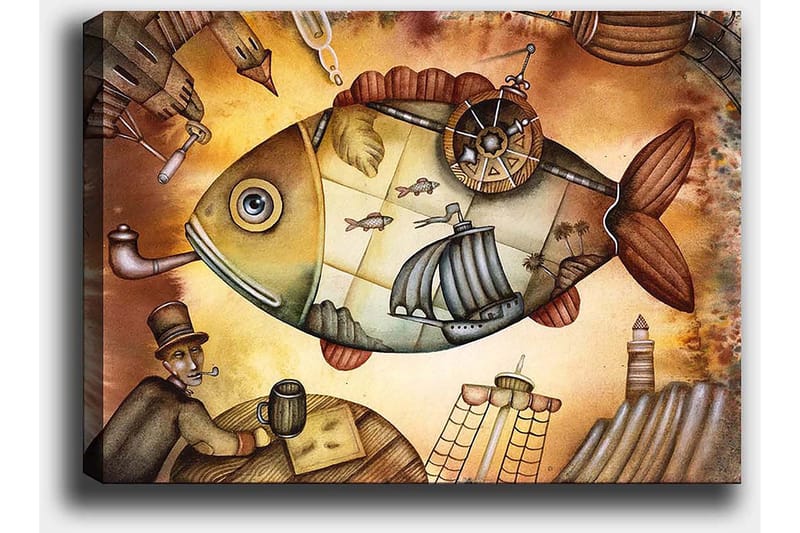 Canvastavla 70x100 cm - Stor, fantasifull fisk med segelbåtar och en fyr i en drömlik miljö - Brun / Grön / Beige - Inredning - Tavlor & posters - Canvastavla