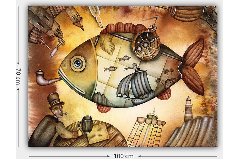 Canvastavla 70x100 cm - Stor, fantasifull fisk med segelbåtar och en fyr i en drömlik miljö - Brun / Grön / Beige - Inredning - Tavlor & posters - Canvastavla