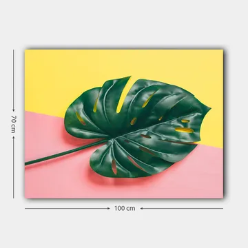 Canvastavla 70x100 cm - Stor, grön monstera-blad mot en färgglad bakgrund av gul och rosa - Grön / Gul / Rosa - Inredning - Tavlor & posters - Canvastavla