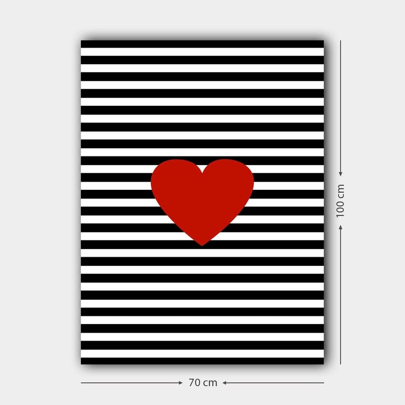 Canvastavla 70x100 cm - Stor röd hjärtform mot en bakgrund av svarta och vita ränder - Röd / Svart / Vit - Inredning - Tavlor & posters - Canvastavla