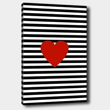 Canvastavla 70x100 cm - Stor röd hjärtform mot en bakgrund av svarta och vita ränder - Röd / Svart / Vit - Inredning - Tavlor & posters - Canvastavla