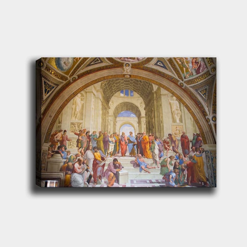 Canvastavla 70x100 cm - Stor samling av filosofer och tänkare i en storslagen arkitektonisk miljö, Blå / Röd / Beige