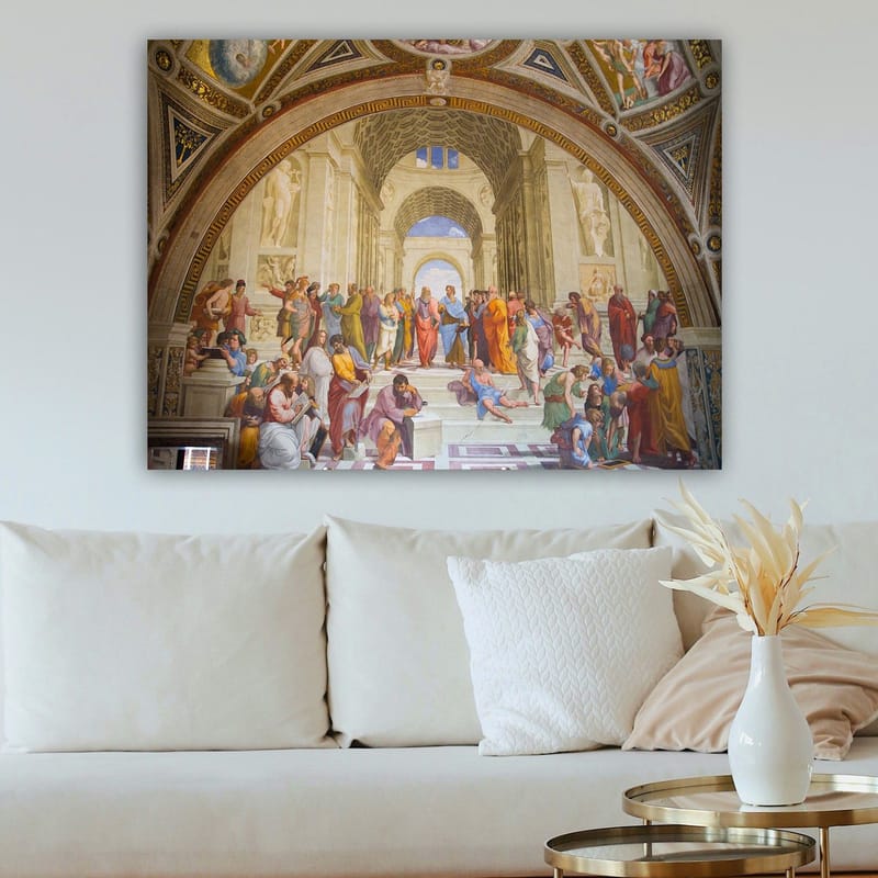 Canvastavla 70x100 cm - Stor samling av filosofer och tänkare i en storslagen arkitektonisk miljö - Blå / Röd / Beige - Inredning - Tavlor & posters - Canvastavla