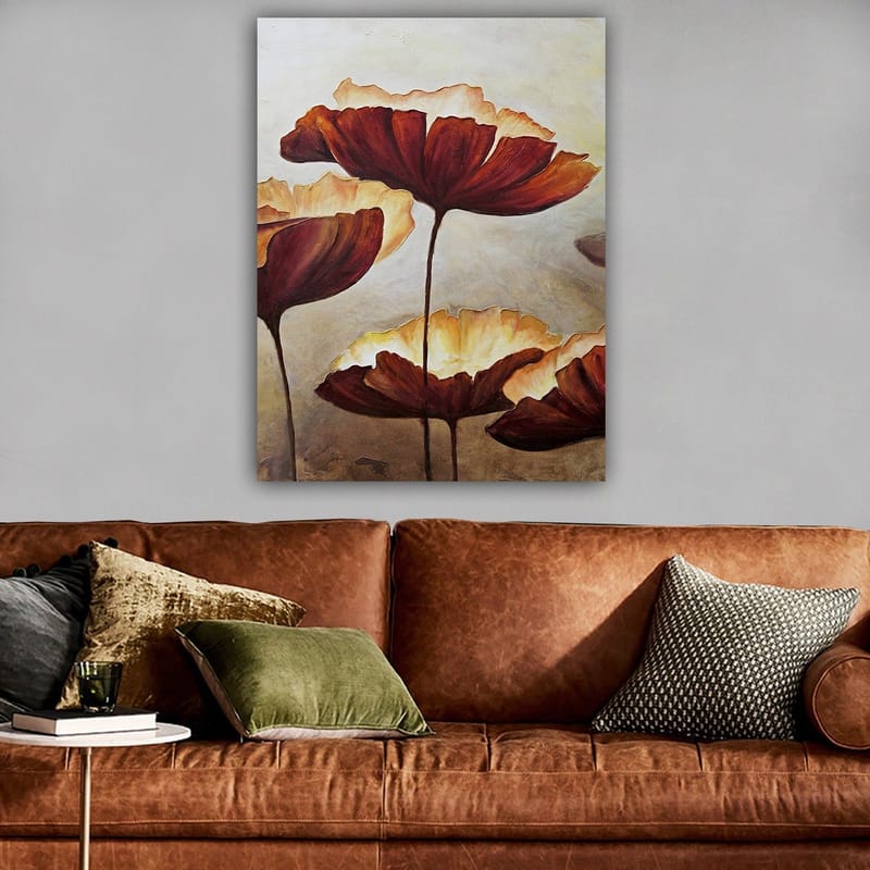 Canvastavla 70x100 cm - Stora, stiliserade blommor i varma toner - Mörkröd / Krämvit - Inredning - Tavlor & posters - Canvastavla