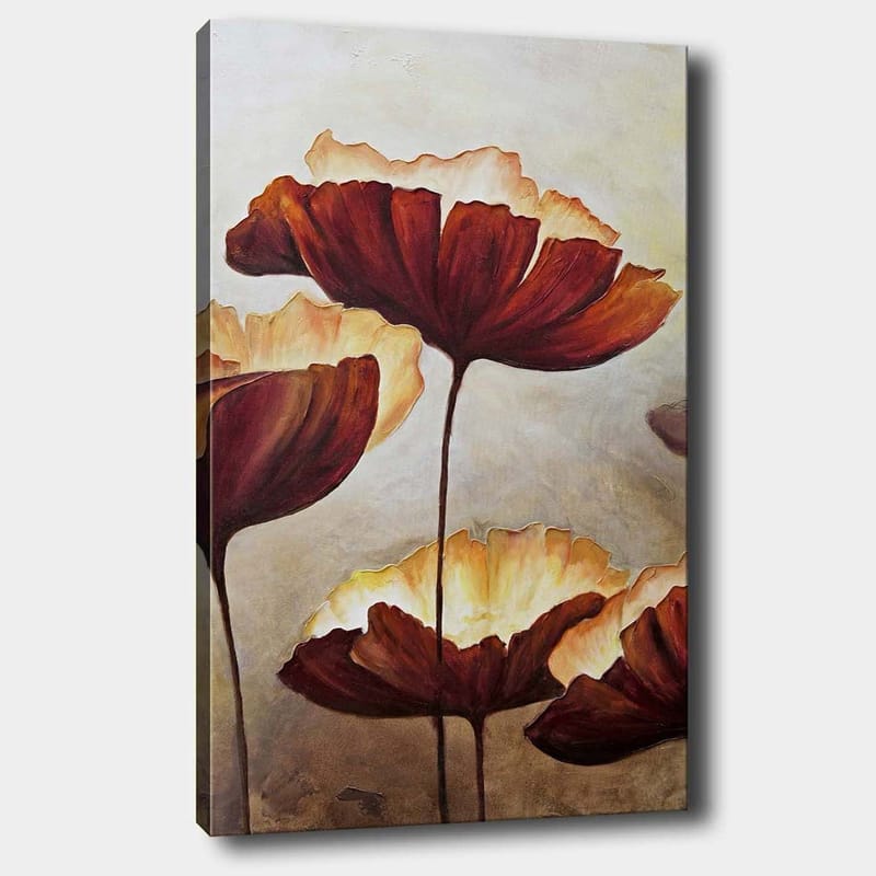 Canvastavla 70x100 cm - Stora, stiliserade blommor i varma toner, Mörkröd / Krämvit