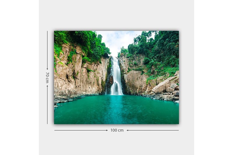 Canvastavla 70x100 cm - Storslagen vattenfall som forsar ner i en klar, turkos sjö omgiven av grönskande klippor - Turkos / Grön / Beige - Inredning - Tavlor & posters - Canvastavla