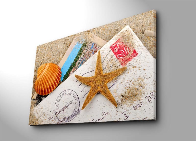 Canvastavla 70x100 cm - Strandinspirerad komposition med en sjöstjärna och snäckskal på ett postkort, Orange / Beige / Vit