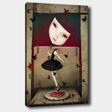 Canvastavla 70x100 cm - Surrealistisk ballerina med en stor, uttrycksfull ansiktsmask dansar bland fjärilar - Svart / Röd / Beige - Inredning - Tavlor & posters - Canvastavla
