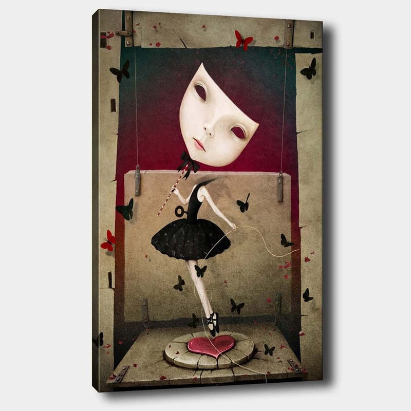 Canvastavla 70x100 cm - Surrealistisk ballerina med en stor, uttrycksfull ansiktsmask dansar bland fjärilar - Svart / Röd / Beige - Inredning - Tavlor & posters - Canvastavla