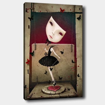 Canvastavla 70x100 cm - Surrealistisk ballerina med en stor, uttrycksfull ansiktsmask dansar bland fjärilar - Svart / Röd / Beige - Inredning - Tavlor & posters - Canvastavla