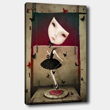 Canvastavla 70x100 cm - Surrealistisk ballerina med en stor, uttrycksfull ansiktsmask dansar bland fjärilar - Svart / Röd / Beige - Inredning - Tavlor & posters - Canvastavla