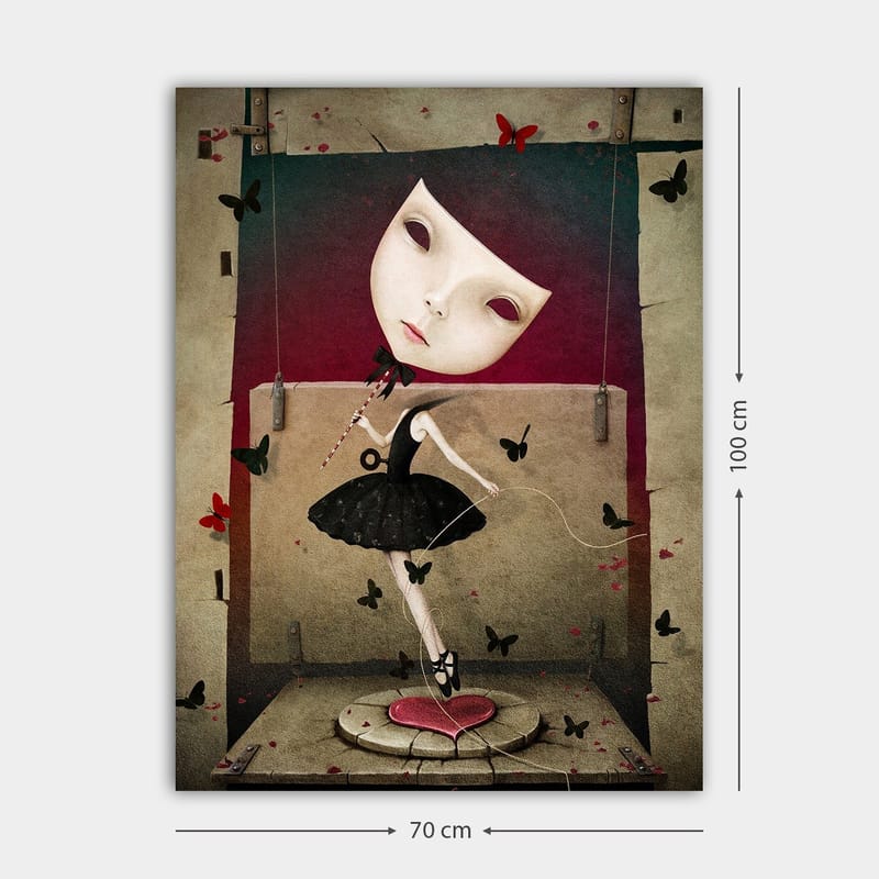 Canvastavla 70x100 cm - Surrealistisk ballerina med en stor, uttrycksfull ansiktsmask dansar bland fjärilar - Svart / Röd / Beige - Inredning - Tavlor & posters - Canvastavla