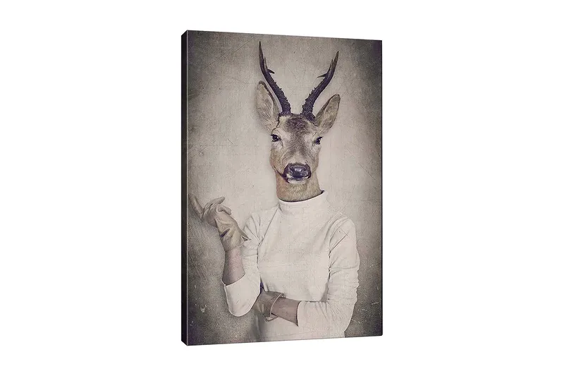 Canvastavla 70x100 cm - Surrealistisk bild av en människa med ett rådjurshuvud som gestikulerar med handen, Beige / Grå / Brun