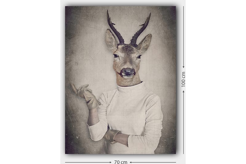Canvastavla 70x100 cm - Surrealistisk bild av en människa med ett rådjurshuvud som gestikulerar med handen - Beige / Grå / Brun - Inredning - Tavlor & posters - Canvastavla