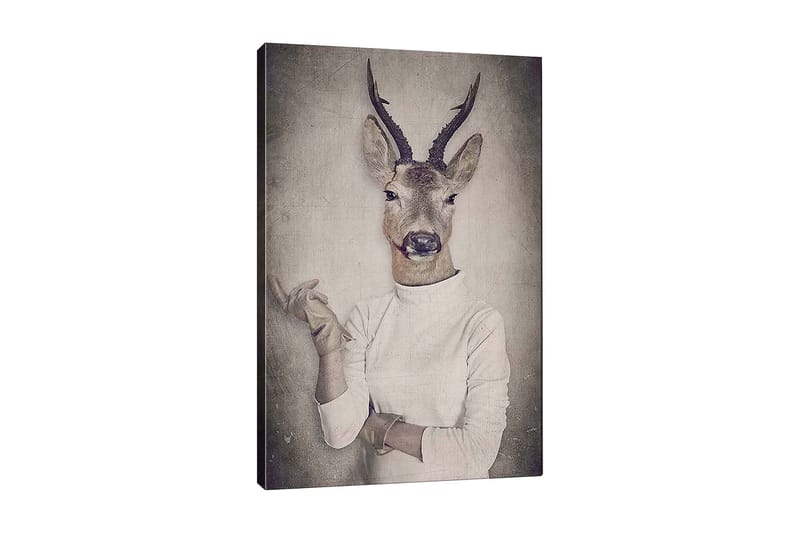 Canvastavla 70x100 cm - Surrealistisk bild av en människa med ett rådjurshuvud som gestikulerar med handen, Beige / Grå / Brun