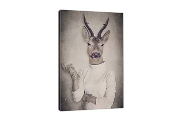 Canvastavla 70x100 cm - Surrealistisk bild av en människa med ett rådjurshuvud som gestikulerar med handen - Beige / Grå / Brun - Inredning - Tavlor & posters - Canvastavla