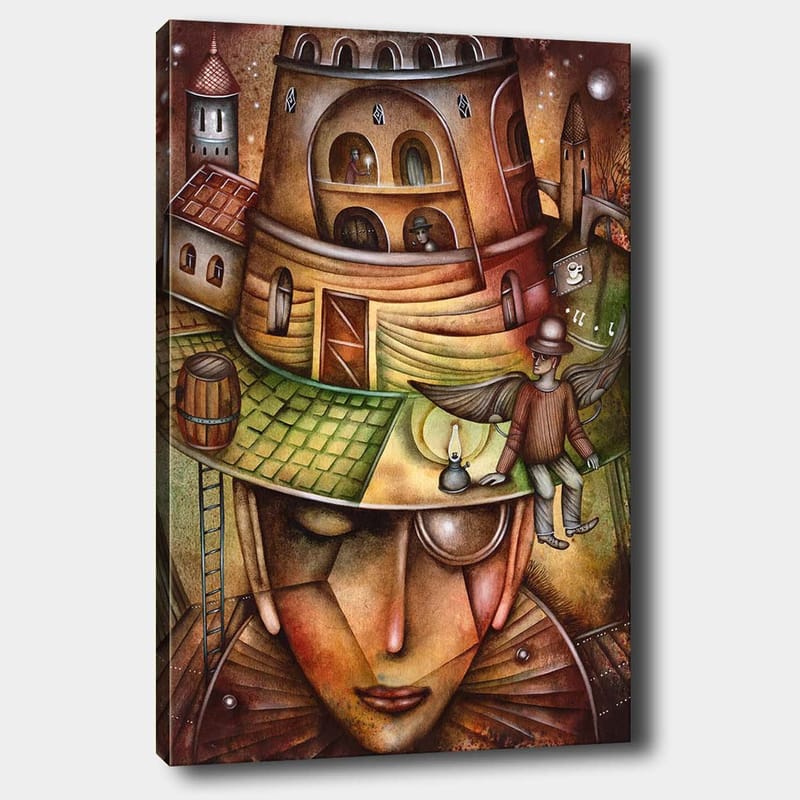 Canvastavla 70x100 cm - Surrealistisk komposition med en stor, ansiktsliknande figur som bär en hatt med en byggnad och en vingad figur på toppen, Brun / Grön / Beige