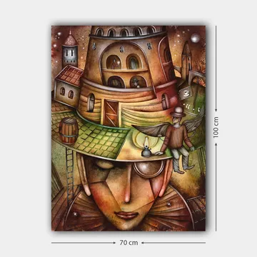 Canvastavla 70x100 cm - Surrealistisk komposition med en stor, ansiktsliknande figur som bär en hatt med en byggnad och en vingad figur på toppen - Brun / Grön / Beige - Inredning - Tavlor & posters - Canvastavla
