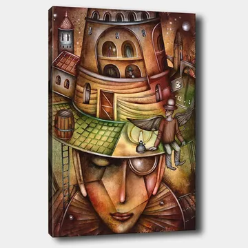 Canvastavla 70x100 cm - Surrealistisk komposition med en stor, ansiktsliknande figur som bär en hatt med en byggnad och en vingad figur på toppen - Brun / Grön / Beige - Inredning - Tavlor & posters - Canvastavla