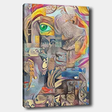 Canvastavla 70x100 cm - Surrealistisk komposition med ett öga och abstrakta former som skapar en drömlik atmosfär - Grön / Beige / Röd - Inredning - Tavlor & posters - Canvastavla