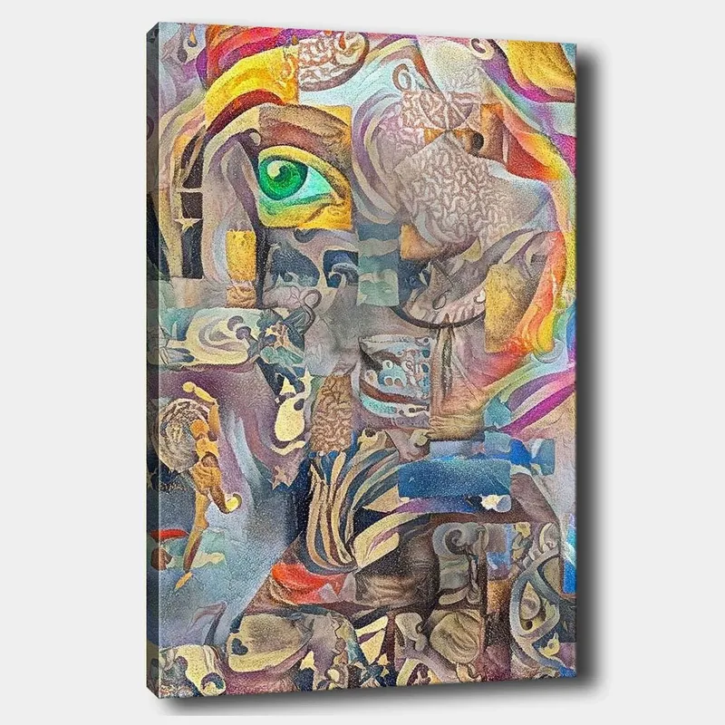 Canvastavla 70x100 cm - Surrealistisk komposition med ett öga och abstrakta former som skapar en drömlik atmosfär - Grön / Beige / Röd - Inredning - Tavlor & posters - Canvastavla