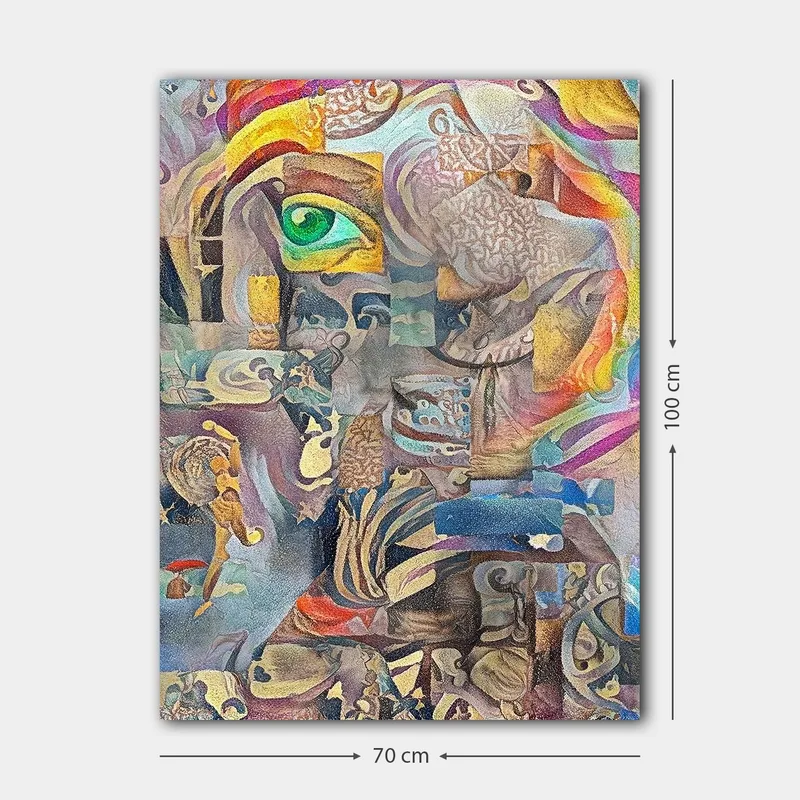 Canvastavla 70x100 cm - Surrealistisk komposition med ett öga och abstrakta former som skapar en drömlik atmosfär - Grön / Beige / Röd - Inredning - Tavlor & posters - Canvastavla