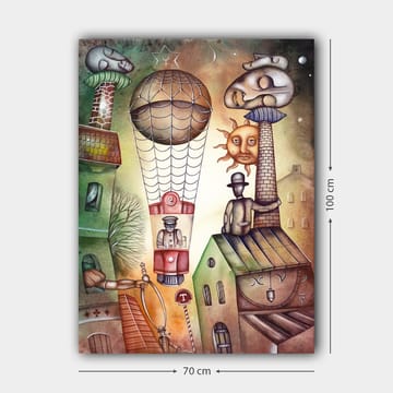 Canvastavla 70x100 cm - Surrealistisk scen med en luftballong som svävar över en stad med karaktäristiska byggnader och figurer - Grön / Brun / Beige - Inredning - Tavlor & posters - Canvastavla