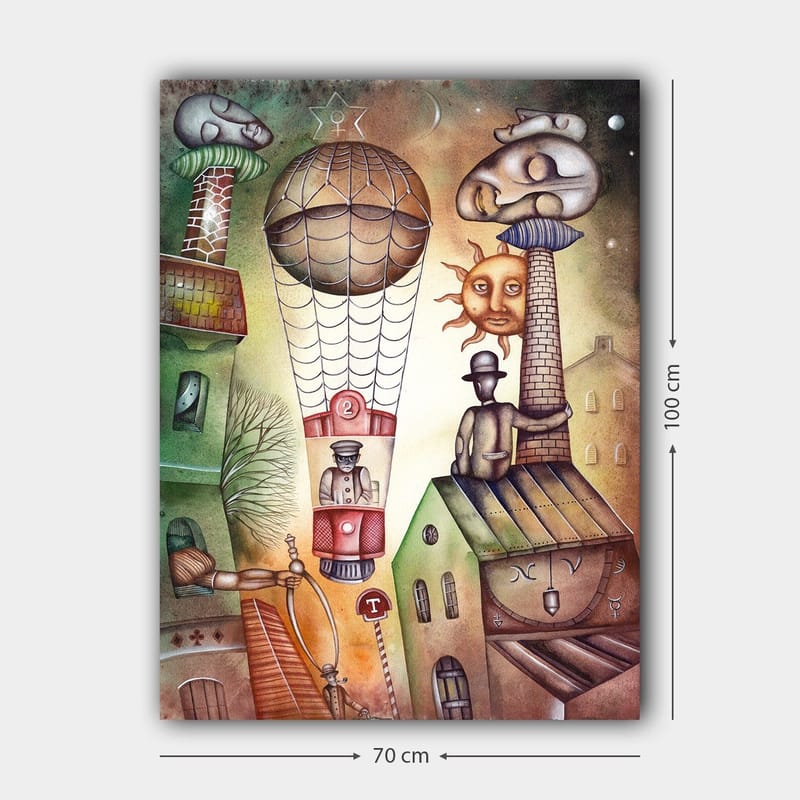 Canvastavla 70x100 cm - Surrealistisk scen med en luftballong som svävar över en stad med karaktäristiska byggnader och figurer - Grön / Brun / Beige - Inredning - Tavlor & posters - Canvastavla