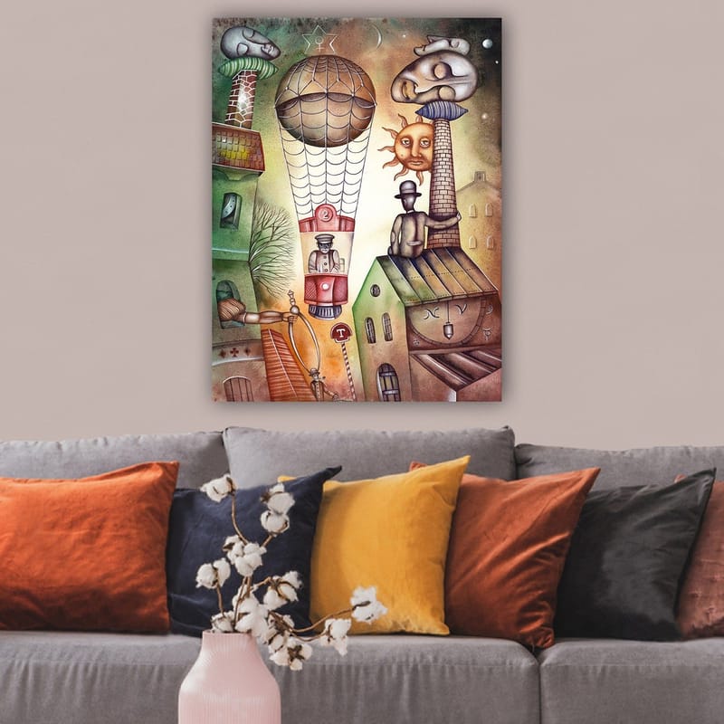 Canvastavla 70x100 cm - Surrealistisk scen med en luftballong som svävar över en stad med karaktäristiska byggnader och figurer - Grön / Brun / Beige - Inredning - Tavlor & posters - Canvastavla