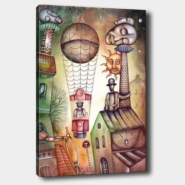 Canvastavla 70x100 cm - Surrealistisk scen med en luftballong som svävar över en stad med karaktäristiska byggnader och figurer - Grön / Brun / Beige - Inredning - Tavlor & posters - Canvastavla