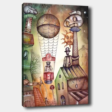 Canvastavla 70x100 cm - Surrealistisk scen med en luftballong som svävar över en stad med karaktäristiska byggnader och figurer - Grön / Brun / Beige - Inredning - Tavlor & posters - Canvastavla