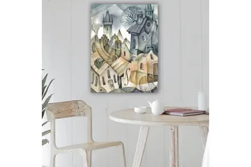 Canvastavla 70x100 cm - Surrealistisk stadsbild med böljande hus och torn som skapar en drömlik atmosfär - Grå / Beige / Vit - Inredning - Tavlor & posters - Canvastavla