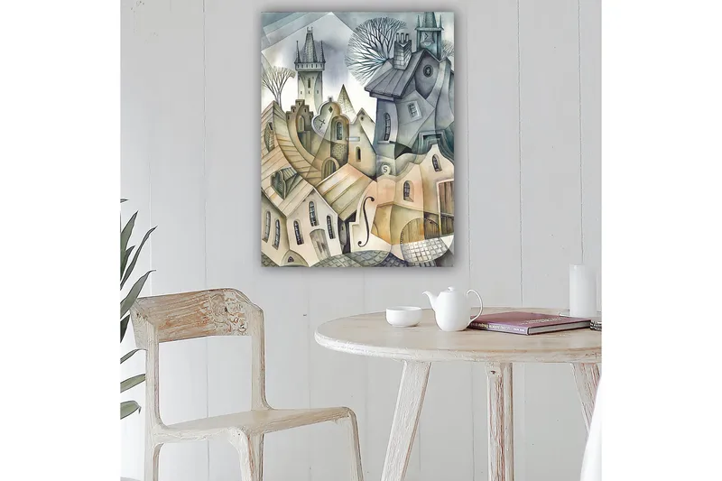 Canvastavla 70x100 cm - Surrealistisk stadsbild med böljande hus och torn som skapar en drömlik atmosfär - Grå / Beige / Vit - Inredning - Tavlor & posters - Canvastavla