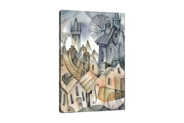 Canvastavla 70x100 cm - Surrealistisk stadsbild med böljande hus och torn som skapar en drömlik atmosfär - Grå / Beige / Vit - Inredning - Tavlor & posters - Canvastavla