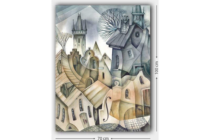 Canvastavla 70x100 cm - Surrealistisk stadsbild med böljande hus och torn som skapar en drömlik atmosfär - Grå / Beige / Vit - Inredning - Tavlor & posters - Canvastavla