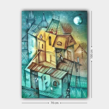 Canvastavla 70x100 cm - Surrealistisk stadsbild med färgglada hus och en person som sitter på taket under en paraply - Grön / Gul / Blå - Inredning - Tavlor & posters - Canvastavla