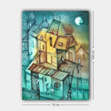 Canvastavla 70x100 cm - Surrealistisk stadsbild med färgglada hus och en person som sitter på taket under en paraply - Grön / Gul / Blå - Inredning - Tavlor & posters - Canvastavla
