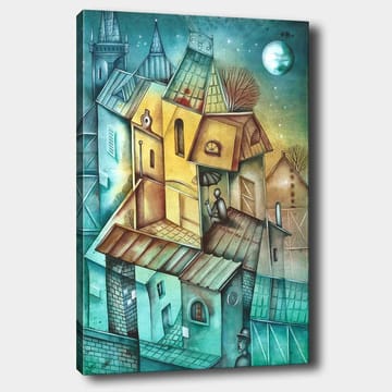 Canvastavla 70x100 cm - Surrealistisk stadsbild med färgglada hus och en person som sitter på taket under en paraply - Grön / Gul / Blå - Inredning - Tavlor & posters - Canvastavla