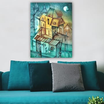 Canvastavla 70x100 cm - Surrealistisk stadsbild med färgglada hus och en person som sitter på taket under en paraply - Grön / Gul / Blå - Inredning - Tavlor & posters - Canvastavla