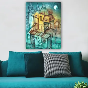 Canvastavla 70x100 cm - Surrealistisk stadsbild med färgglada hus och en person som sitter på taket under en paraply - Grön / Gul / Blå - Inredning - Tavlor & posters - Canvastavla