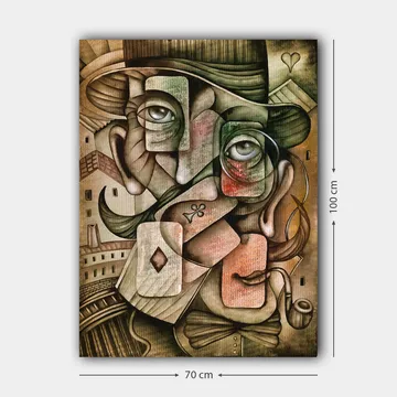 Canvastavla 70x100 cm - Surrealistisk porträttkomposition med två ansikten och spelkortselement - Grön / Brun / Röd - Inredning - Tavlor & posters - Canvastavla